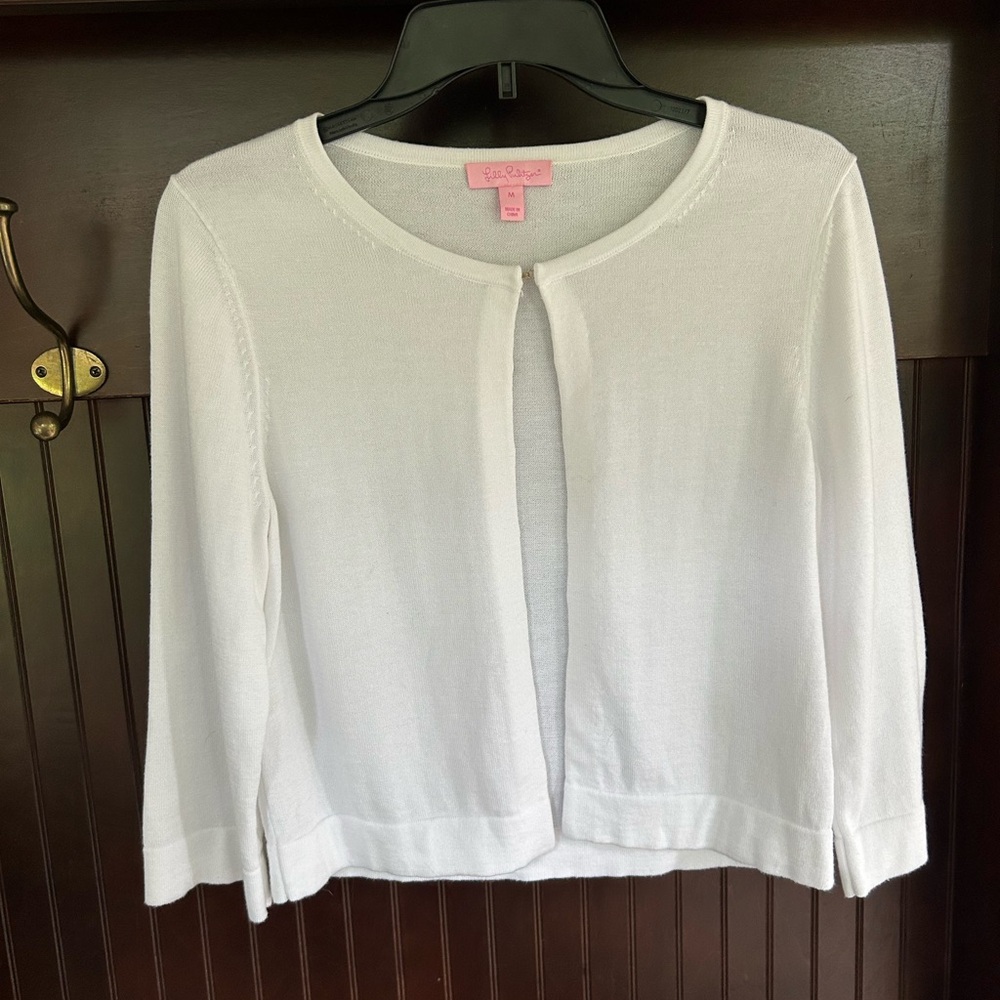 LILLY PULITZER Knit Cropped 3/4 Sleeve Cardigan Preppy Old Money Parisian Size M - Picture 3 of 13